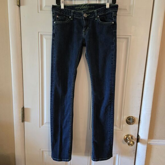 Premium Vanity Collection Women Jeans Size 29x33 Neon Green Thread Y2K Low-Rise - Picture 1 of 9